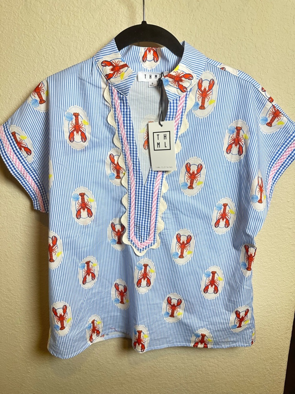 THML Blue and White Striped Lobster Print Shirt